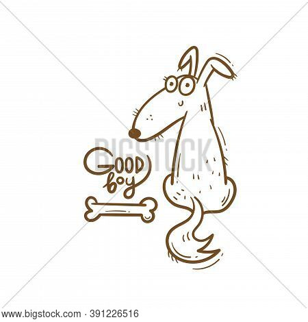 Card With Cute Cartoon Dog. Funny Puppy And Bone. Good Boy. Vector Print With Joyful Animal.