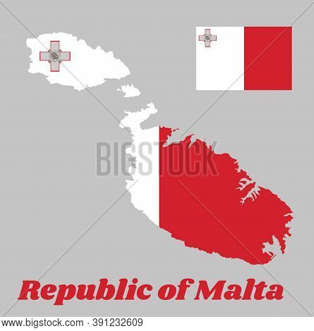 Map Outline And Flag Of Malta, A Vertical Bicolor Of White And Red With The Representation Of The Ge