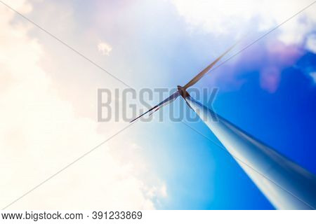 Wind Turbines. Power Plant With Wind Turbine, Clean Energy Generator Wind Turbine In Wind Farm.