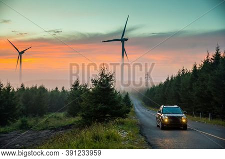 Wind Turbines. Power Plant With Wind Turbine, Clean Energy Generator Wind Turbine In Wind Farm.