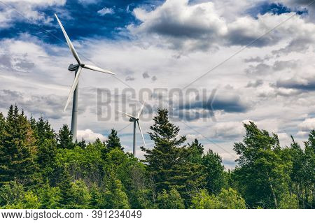Wind Turbines. Power Plant With Wind Turbine, Clean Energy Generator Wind Turbine In Wind Farm.
