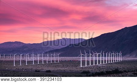Wind Turbines. Power Plant With Wind Turbine, Clean Energy Generator Wind Turbine In Wind Farm.