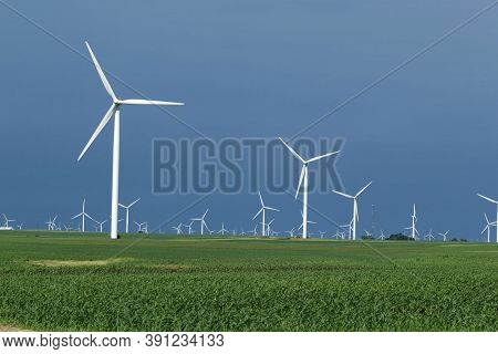 Wind Turbines. Power Plant With Wind Turbine, Clean Energy Generator Wind Turbine In Wind Farm.
