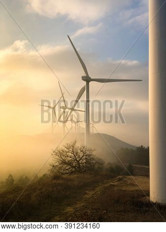 Wind Turbines. Power Plant With Wind Turbine, Clean Energy Generator Wind Turbine In Wind Farm.
