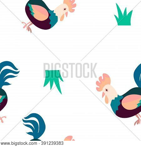 Seamless Pattern With Bright Colorful Rooster, Endless Texture With Cute Cartoon Farm Bird, Vector I