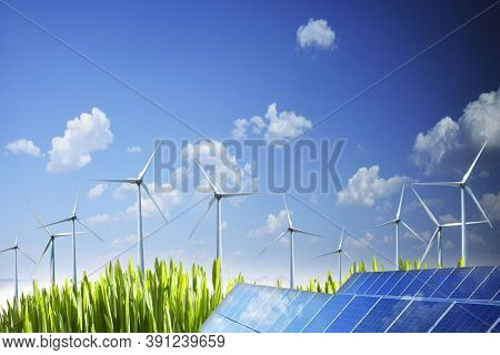 Wind Turbine Generating Clean Energy. Power Plant With Wind Turbine In Wind Farm, Clean Energy Gener