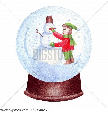 Little Christmas Gnome Puts Carrot Nose To Sowman. Composition In Snow Globe