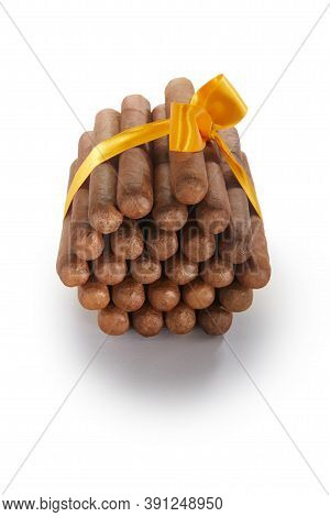 Close Up View Of Bunch Of Robusto Cigars On White Back