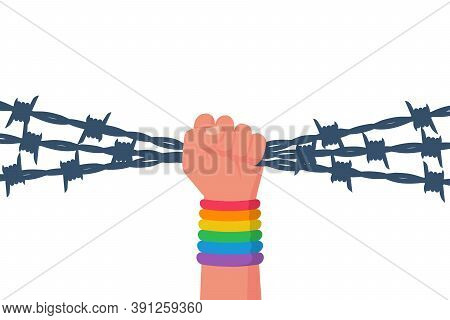 Pride Symbol. A Man With A Bandage On Hand Holds A Barbed Wire In His Fist. Demonstrating A Gesture 