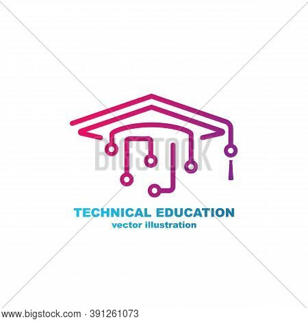 Technical Education Logo. Graduate Cap And Processor Circuit. Electronic Training. Simple Line Color