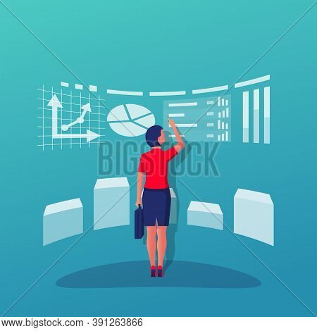 Business Analytics. Workplace Businesswoman, Chart On Big Screen. Strategy And Planning. Auditing Ex