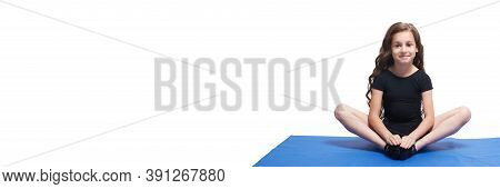 Youga Relaxation Class. Lotus Zen Pose. Little Girl Portrait. Smiling Streching. Meditate Butterfly 