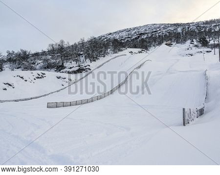 Vik Skisenter, Røysane, Norway. Wonderful View Of Slopes In Winter.