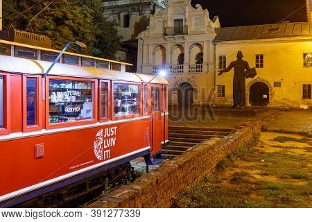 Lviv, Ukraine - October 14, 2020: Monument To Ivan Fedorov At Night