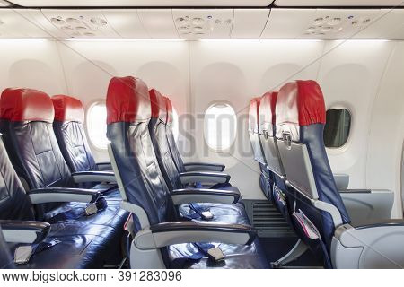 Background Of Airplane Row Empty Seats Onboard , Travel And Transportation Concept