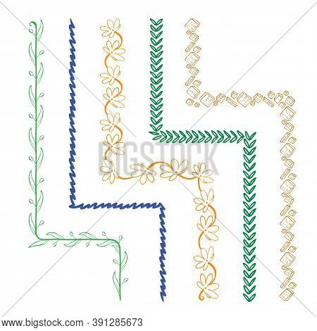 Vector Set Of Five Hand Drawn Brushes With Corner Tiles. Seamless Pattern Of Different Colors For Fr