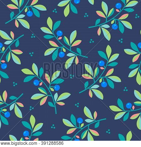 Scattered Blueberry branches with berries and little dots on navy blue background seamless pattern. Vintage pattern with leaves and berries in shades of blue, green, teal and pink.