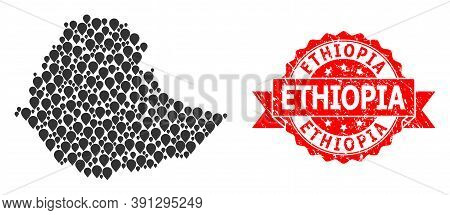 Pinpoint Collage Map Of Ethiopia And Scratched Ribbon Seal. Red Stamp Seal Contains Ethiopia Tag Ins