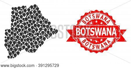 Target Collage Map Of Botswana And Scratched Ribbon Watermark. Red Stamp Seal Contains Botswana Titl