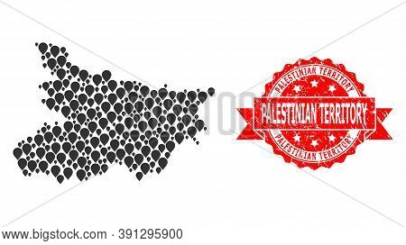 Pinpoint Collage Map Of Bihar State And Scratched Ribbon Seal. Red Stamp Seal Contains Palestinian T