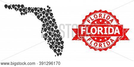 Pointer Collage Map Of Florida State And Grunge Ribbon Seal. Red Stamp Seal Has Florida Tag Inside R