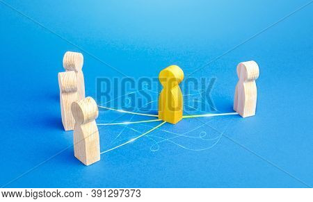 The Yellow Person Acts As Mediator Between People. Bridging Parties, Communication. Easy Negotiation