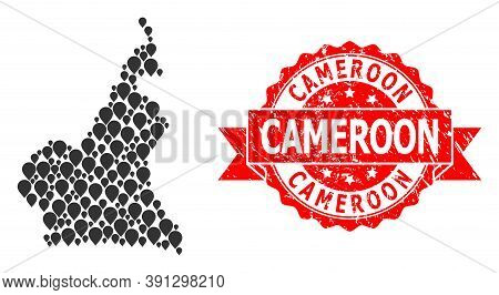 Pin Collage Map Of Cameroon And Grunge Ribbon Stamp. Red Stamp Contains Cameroon Tag Inside Ribbon. 