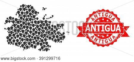 Pinpoint Mosaic Map Of Antigua Island And Scratched Ribbon Seal. Red Seal Contains Antigua Tag Insid