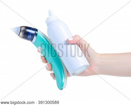 Nasal Spray With Electric Nasal Aspirator For Baby In Hand On White Background Isolation