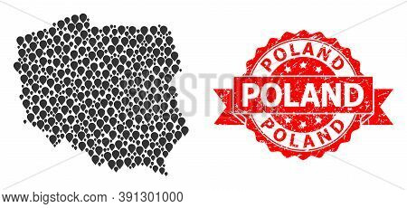 Pointer Collage Map Of Poland And Scratched Ribbon Stamp. Red Stamp Seal Contains Poland Title Insid