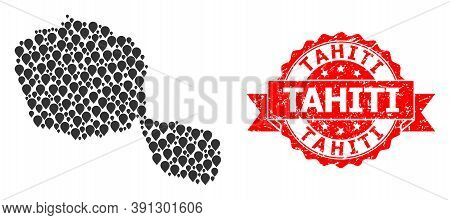Pointer Mosaic Map Of Tahiti Island And Scratched Ribbon Seal. Red Seal Has Tahiti Caption Inside Ri