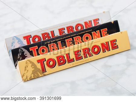 London, Uk - October 21, 2020: Various Toblerone Swiss White,milk And Dark Chocolate With Honey And 
