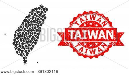 Marker Collage Map Of Taiwan And Scratched Ribbon Stamp. Red Stamp Seal Has Taiwan Title Inside Ribb
