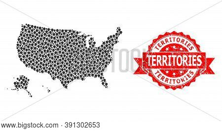 Mark Collage Map Of Usa Territories And Scratched Ribbon Seal. Red Seal Has Territories Text Inside 