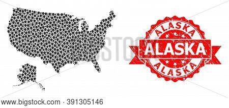 Pinpoint Mosaic Map Of Usa And Alaska And Grunge Ribbon Stamp. Red Stamp Contains Alaska Caption Ins