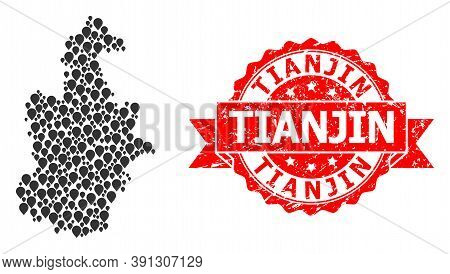 Marker Mosaic Map Of Tianjin Municipality And Grunge Ribbon Seal. Red Seal Has Tianjin Tag Inside Ri