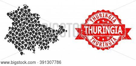 Target Collage Map Of Thuringia State And Grunge Ribbon Stamp. Red Stamp Includes Thuringia Tag Insi