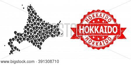 Pinpoint Mosaic Map Of Hokkaido Island And Grunge Ribbon Stamp. Red Stamp Contains Hokkaido Title In