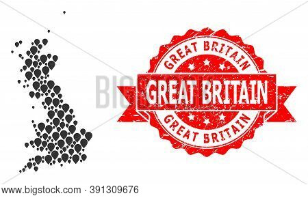 Marker Mosaic Map Of Great Britain And Scratched Ribbon Stamp. Red Stamp Has Great Britain Tag Insid