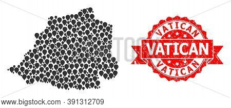 Pinpoint Collage Map Of Vatican And Scratched Ribbon Seal. Red Stamp Seal Contains Vatican Text Insi