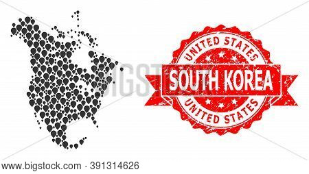 Target Collage Map Of North America And Grunge Ribbon Seal. Red Stamp Seal Includes United States So