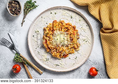 Bolognese Pasta, Risone With Ground Beef. White Background. Top View.