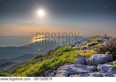 Panorama Of City And The Surrounding Area, A View From Mosor Mountain. Sunset In Split, Croatia.