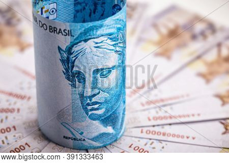 One Hundred Reais Banknote And Two Hundred Reais Banknotes, Money From Brazil, Conceptual Image For 