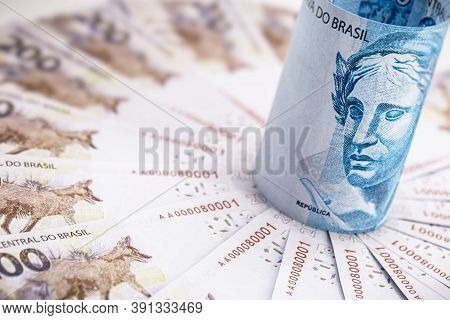 One Hundred Reais Banknote And Two Hundred Reais Banknotes, Money From Brazil, Conceptual Image For 