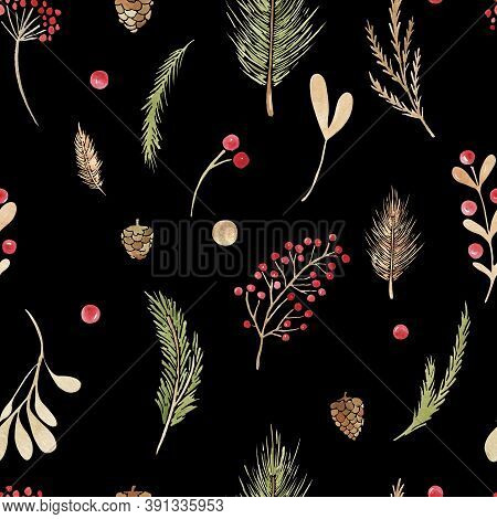 Seamless Pattern Christmas Boho Elements. Watercolor Winter Floral Set Holiday Branches, Leaves, Con