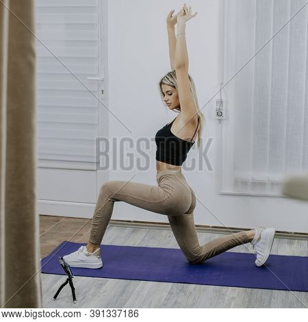 Fitness Yoga course coaching working from home - Personal training online stock photo