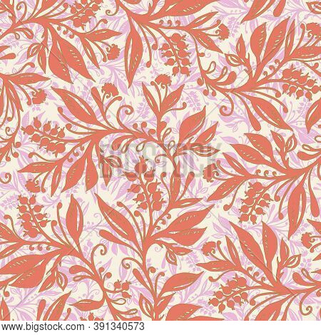 Floral Seamless Pattern With Leaves And Berries In Coral, Cream, Pink And Chartreuse Green Colors, H