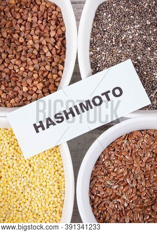 Inscription Hashimoto With Nutritious Natural Products And Ingredients As Source Vitamins For Health