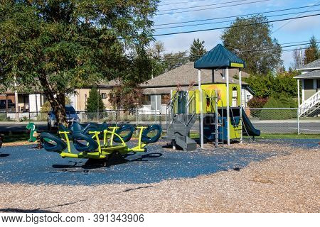 Cumberland, Canada - October 7, 2020: Cumberland Community Village Park Playground At Sunny Day